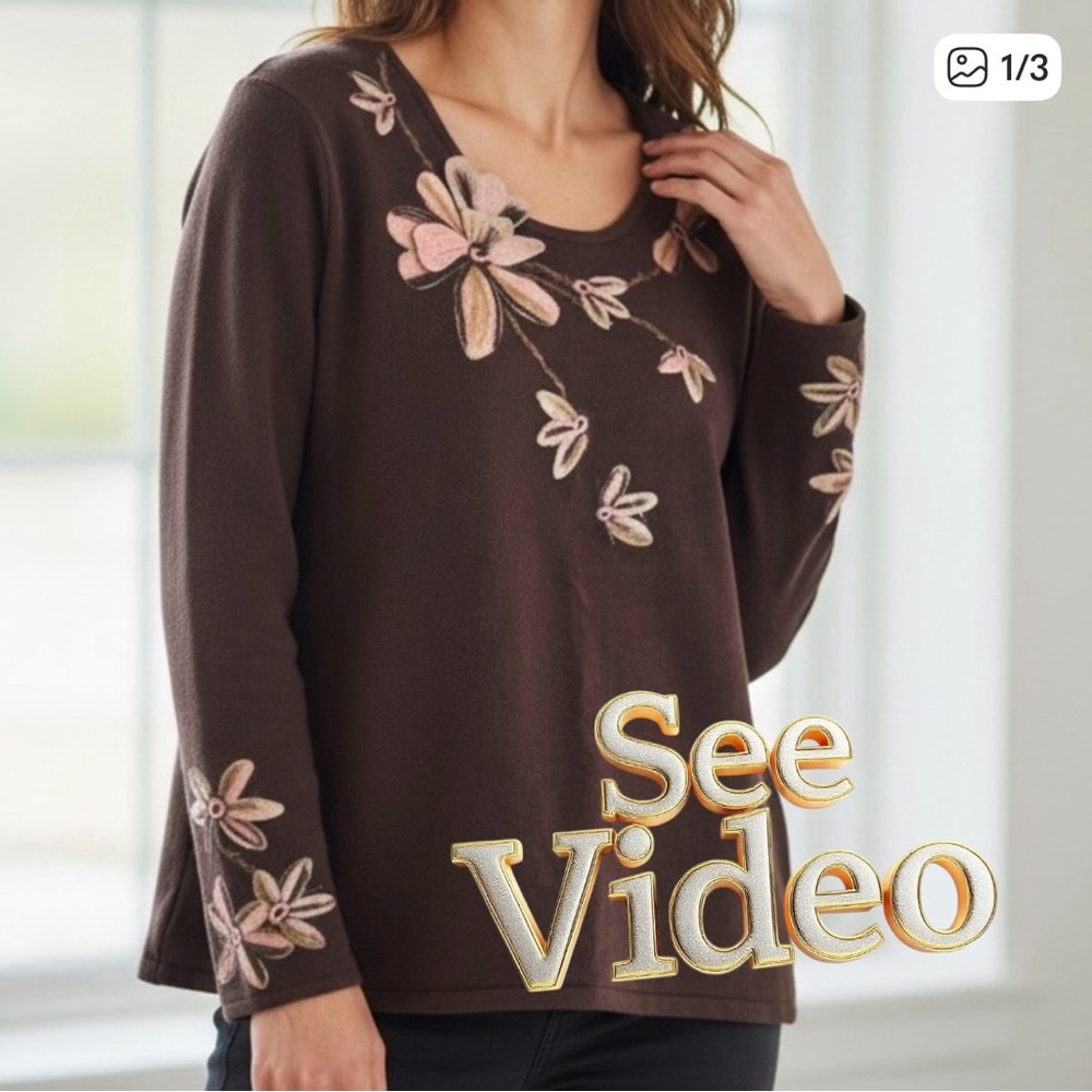 👛 (ANY 2/$25) Laura Brown Long Sleeve V-Neck Sweater Floral Appliqués. See Video